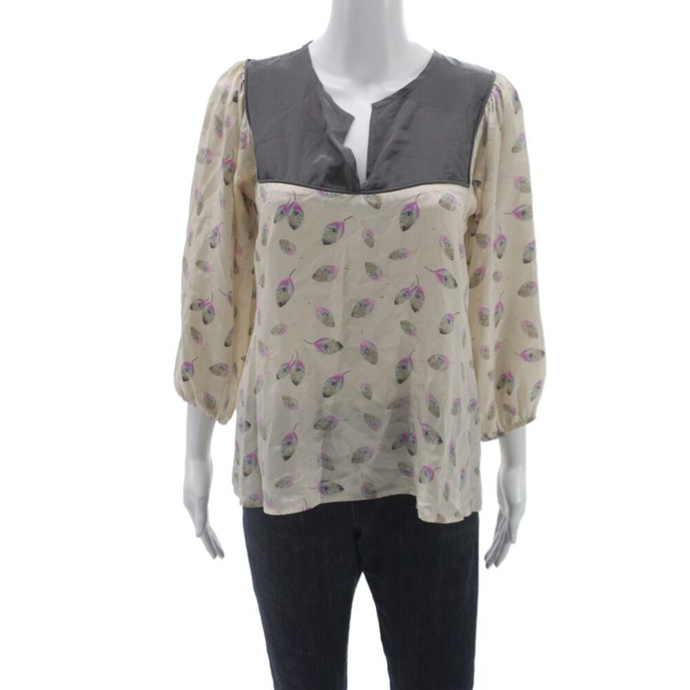 Tucker Womens Silk V Neck 3/4 Sleeve Tunic Blouse Beige Leaf Floral Size S